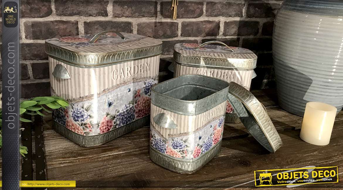 Série de 3 boites en métal aux motifs floraux Hortensia style romantique ancien