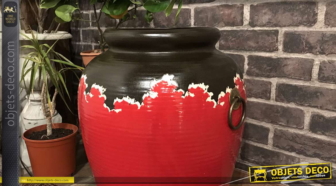 Grand vase/Pot décoratif en terre cuite, finition rouge et brun avec poignées anneaux