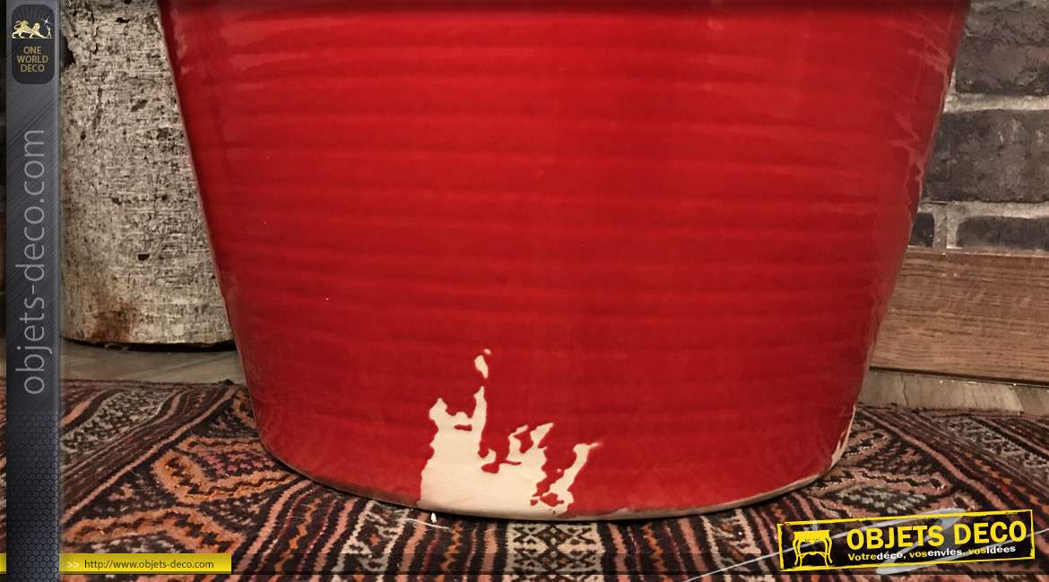 Grand vase/Pot décoratif en terre cuite, finition rouge et brun avec poignées anneaux