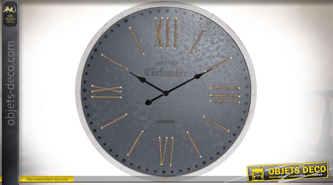 Grande horloge en métal et corde, style moderne industriel finition anthracite foncé, Ø80cm