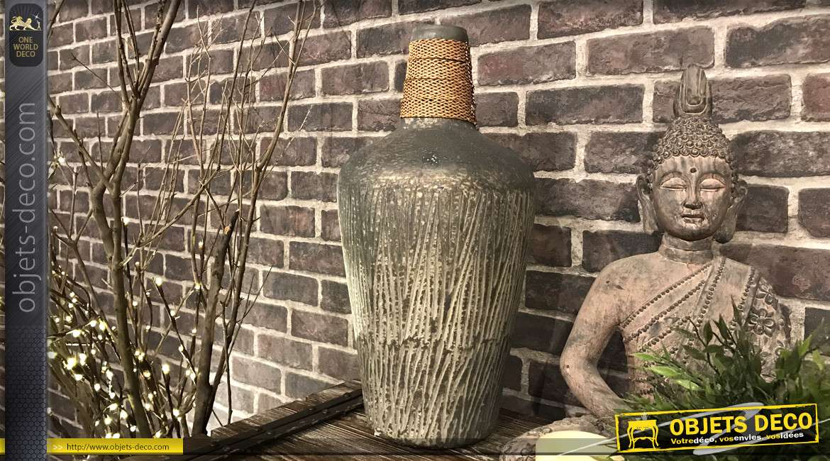 Grand vase déco en verre effet vieilli gris avec touche de corde sur le col, 50cm