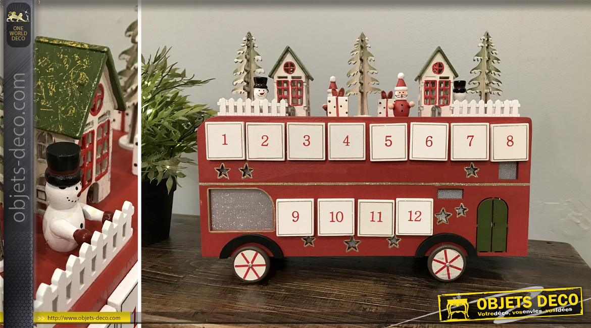 Calendrier de l'avent en bois en forme d'autobus avec village déco sur le toit, ambiance Noël, 31cm
