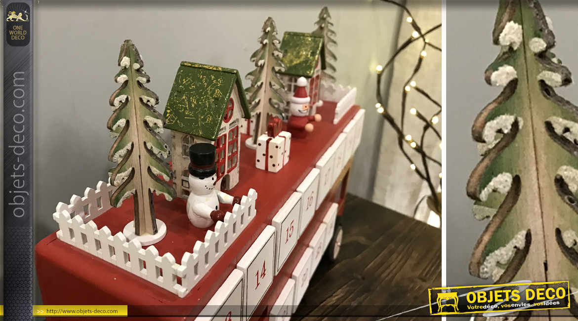 Calendrier de l'avent en bois en forme d'autobus avec village déco sur le toit, ambiance Noël, 31cm