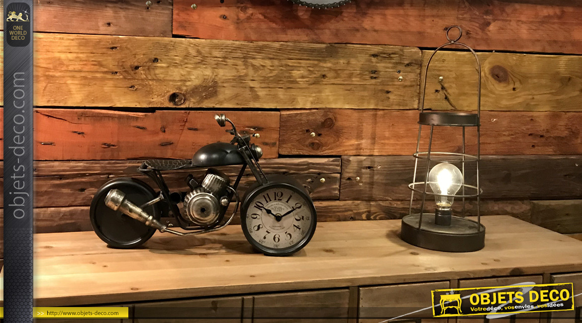 Horloge de table en forme de moto, en métal ambiance biker vintage, finition noir charbon usé, 40cm