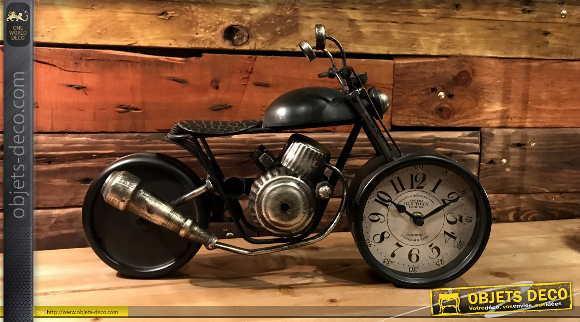 Horloge de table en forme de moto, en métal ambiance biker vintage,  finition noir charbon usé, 40cm