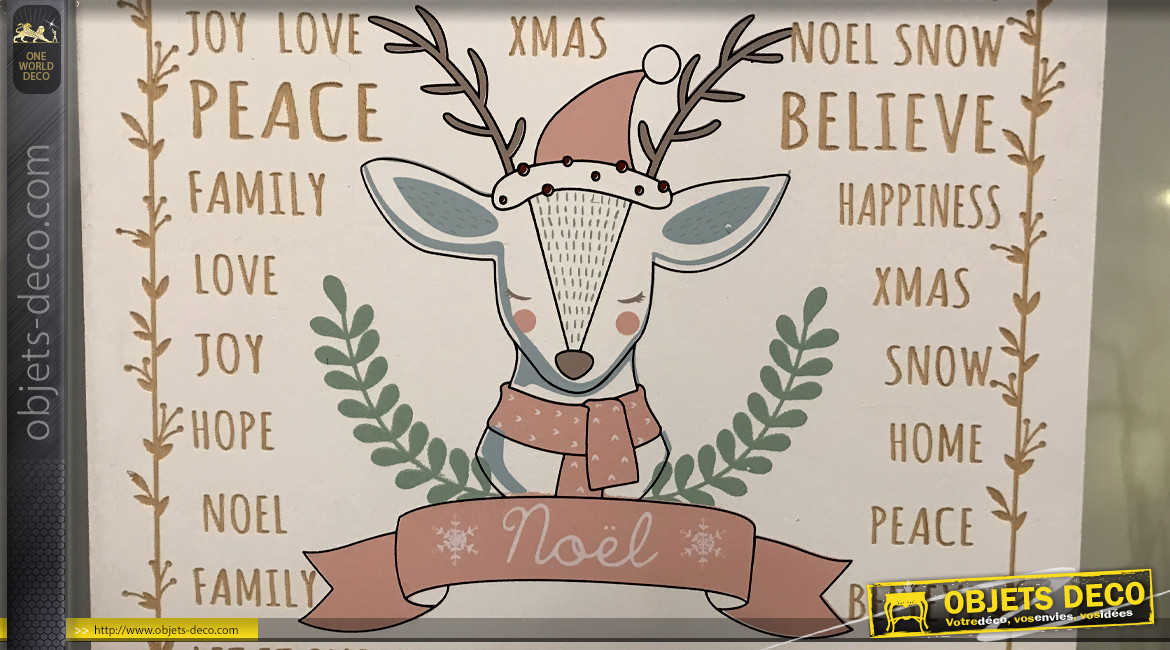 Calendrier de l'avent en bois finition blanchi, ouverture en livre, découpes de rennes et forêts, ambiance Noël, 42cm