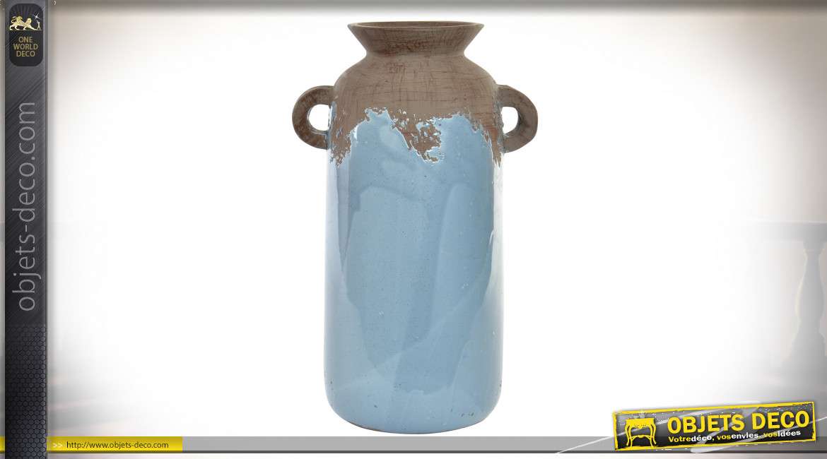Vase esprit amphore en céramique, finition bleu ciel usé et brun craquelé, 35cm