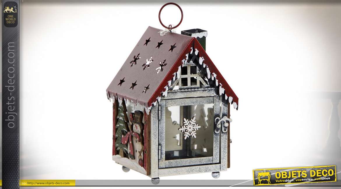 Lanterne de Noël en métal en forme de maisonnette 21 cm