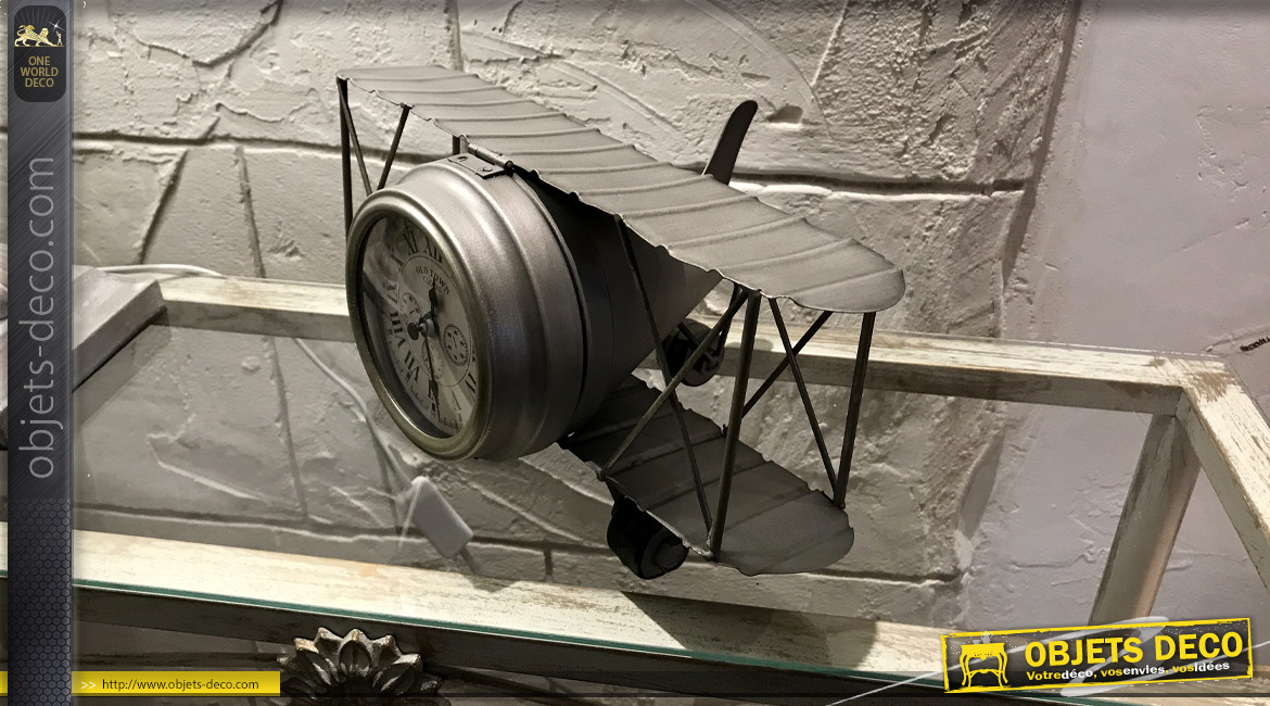 Avion biplan des années 20 en métal finition zinc avec horloge centrale, 32cm