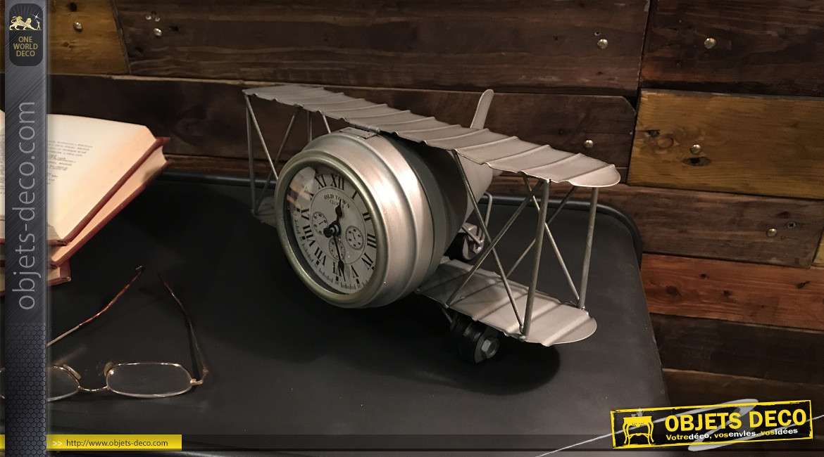 Reproduction d'un avion biplan des années 20 en métal finition zinc avec horloge dans le moteur, décoration de style vintage, 32cm