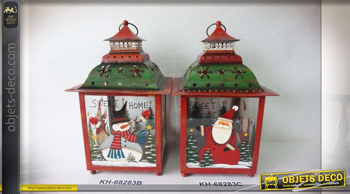 Série de 2 lanternes en métal décorées sur le thème de Noël 35 cm