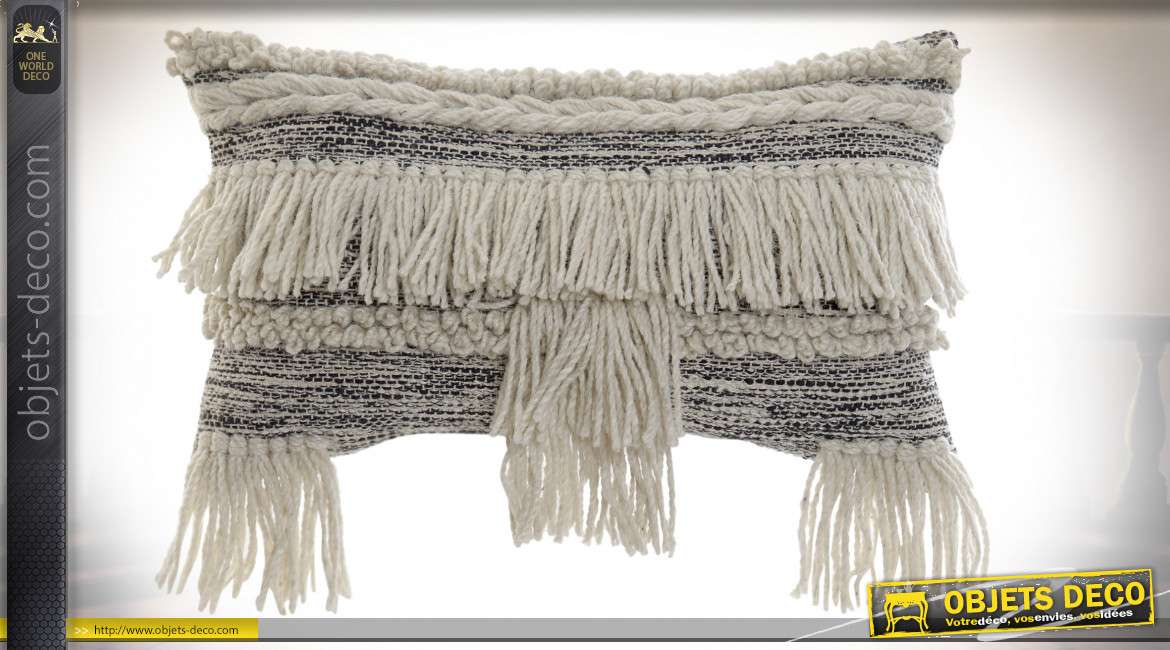 Gros coussin en laine et coton, de style boho, longues franges blanches, 1.25kg