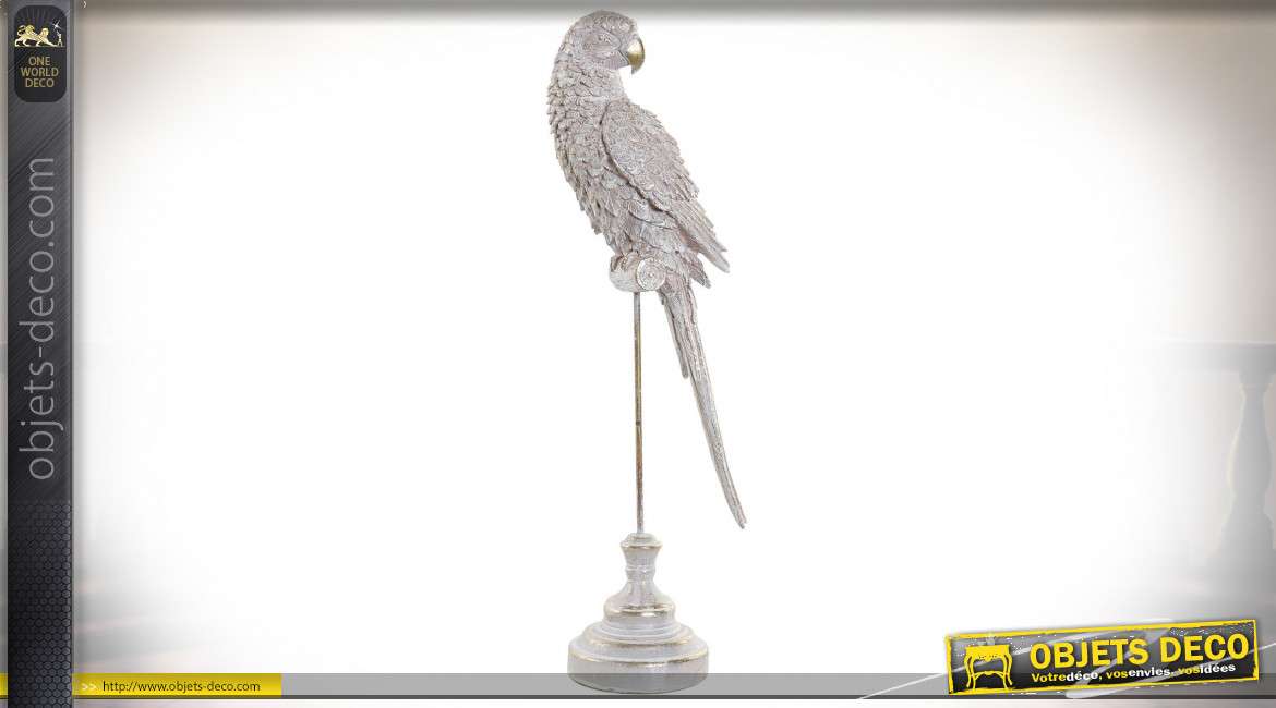 Statuette de perroquet en résine, effet blanchi sur fond doré, ambiance vintage, 45cm