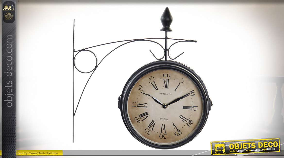 Horloge en applique murale effet fer forgé ancien, deux cadrans avec fonds vintage, Ø33cm