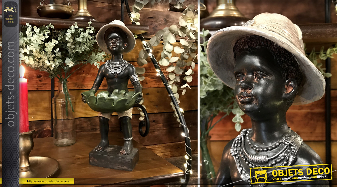 Statuette en résine de style colonial, homme africain avec bob sur la tête, 34cm