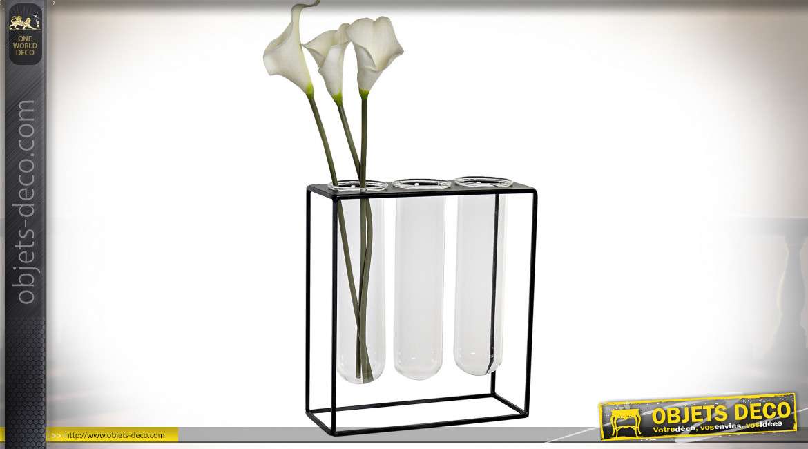 Vase moderne en métal style éprouvettes de laboratoire, support en métal noir