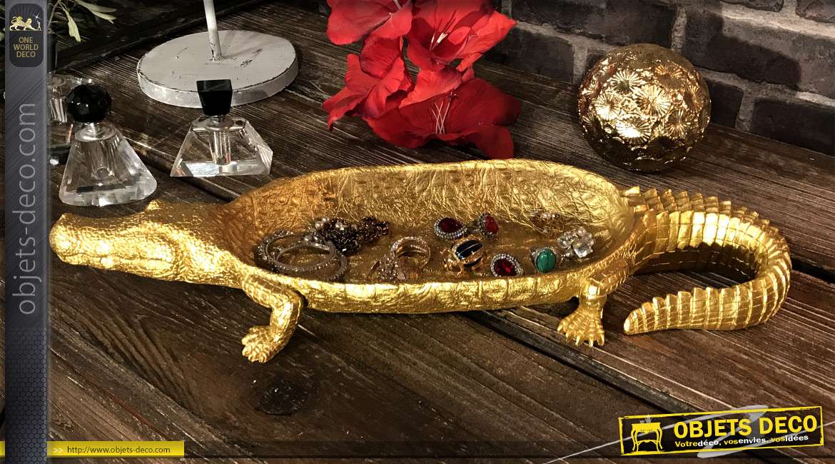 Vide poche/Centre de table en résine finition doré brillant, forme de crocodile
