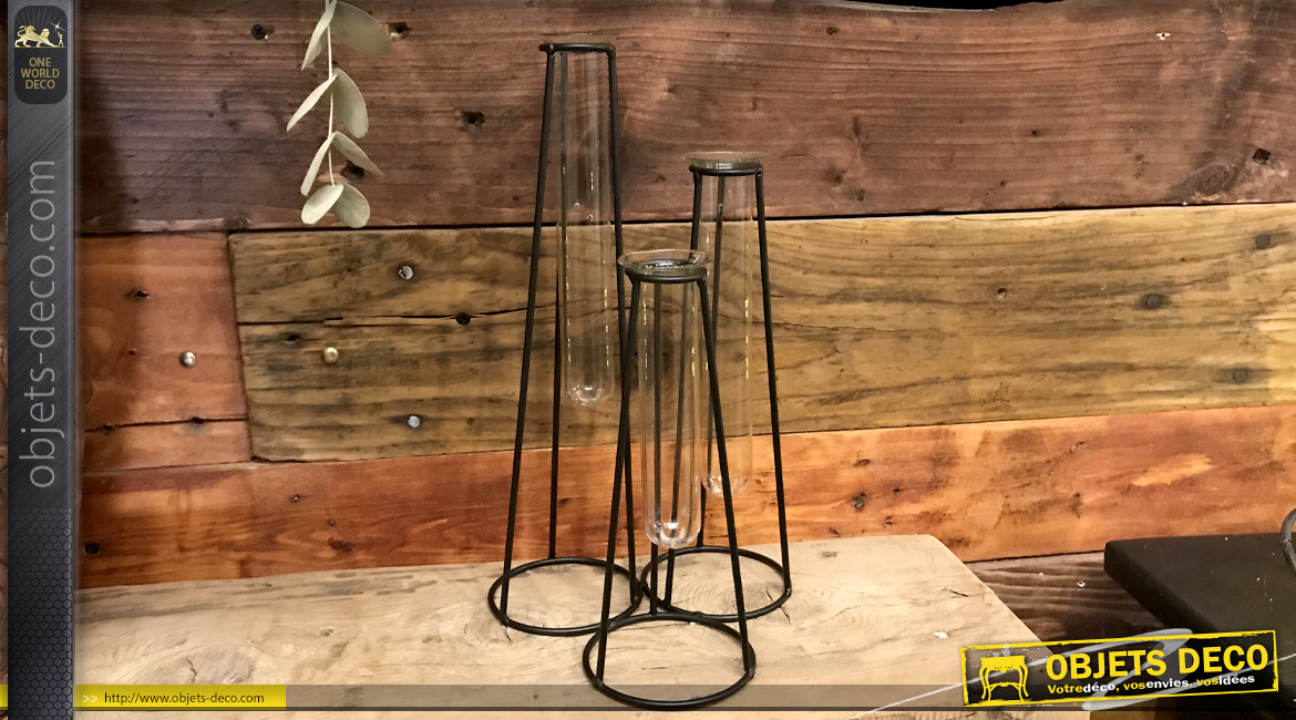 Série de trois vases en verre et métal, ambiance contemporaine chic, 31cm