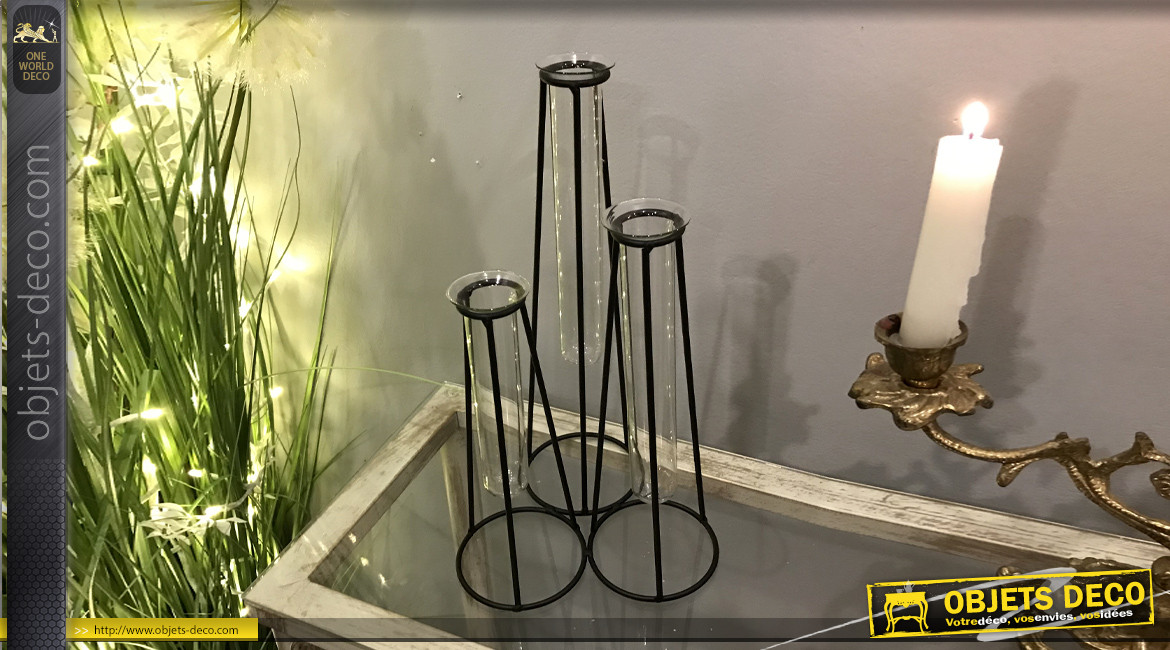 Série de trois vases en verre et métal, ambiance contemporaine chic, 31cm