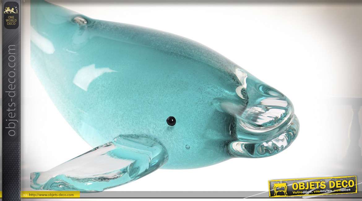 Représentation en verre d'une baleine translucide et bleue, ambiance verre de Murano, 19cm