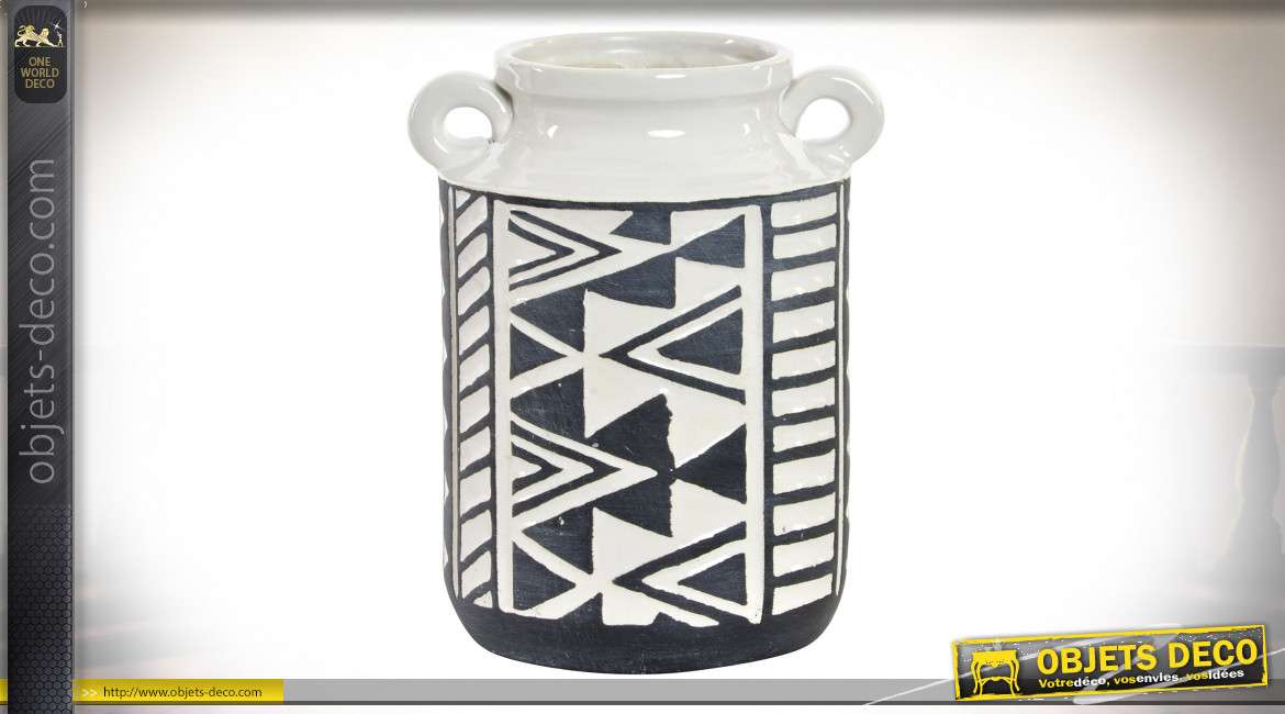 Vase en grès décoratif finition blanche avec motifs Ikat noirs, ambiance moderne, 19.5cm