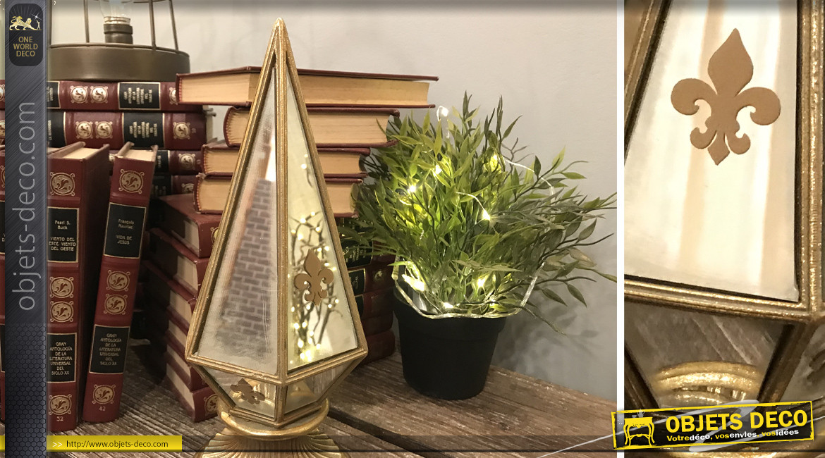 Décoration à poser pour bibliothèque ou bureau, en résine et miroir ambiance fleur de lys dorée, élégant et chic, 29cm