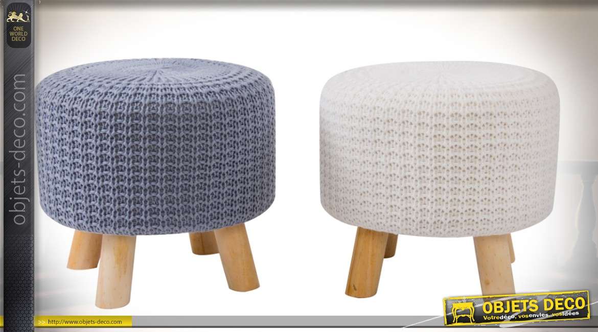 Duo de poufs repose-pieds en bois et tissu aspect tricotage laine Ø 35 cm