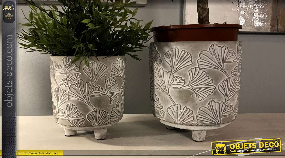 Série de deux jardinières en ciment avec motif de feuilles, 2 tailles différentes