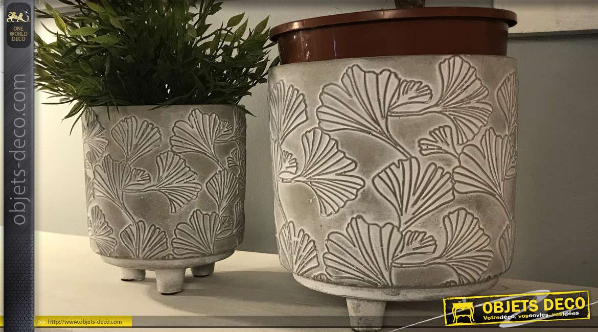 Série de deux jardinières en ciment avec motif de feuilles, 2 tailles différentes