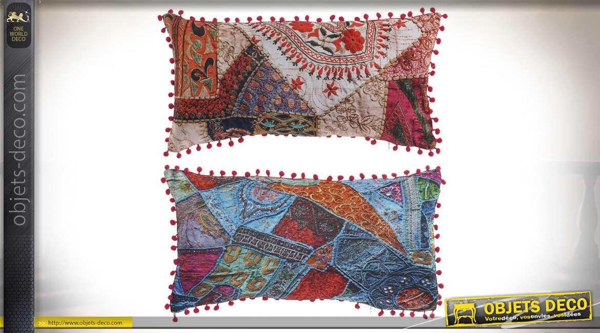 Série de 2 coussins rectangulaires en polyester, motifs patchwork style indien, 60x30cm