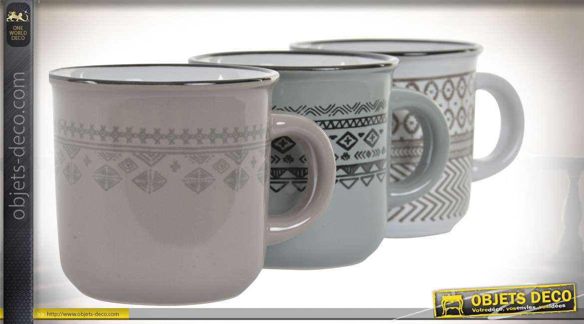 Série de 6 tasses à café en grès, motifs de style sud américain incas, 90ml