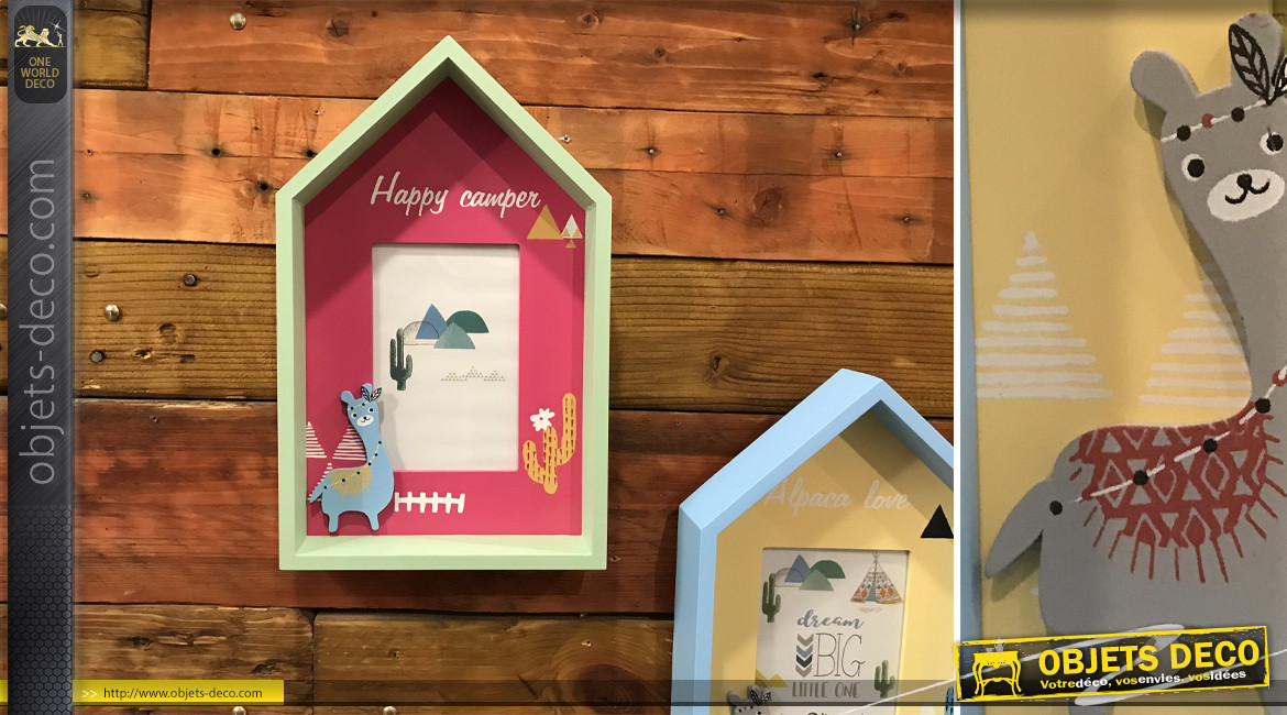 Série de 2 cadres photos en forme de maisonnette et motifs de lamas, ambiance chambre d'enfant, 30cm