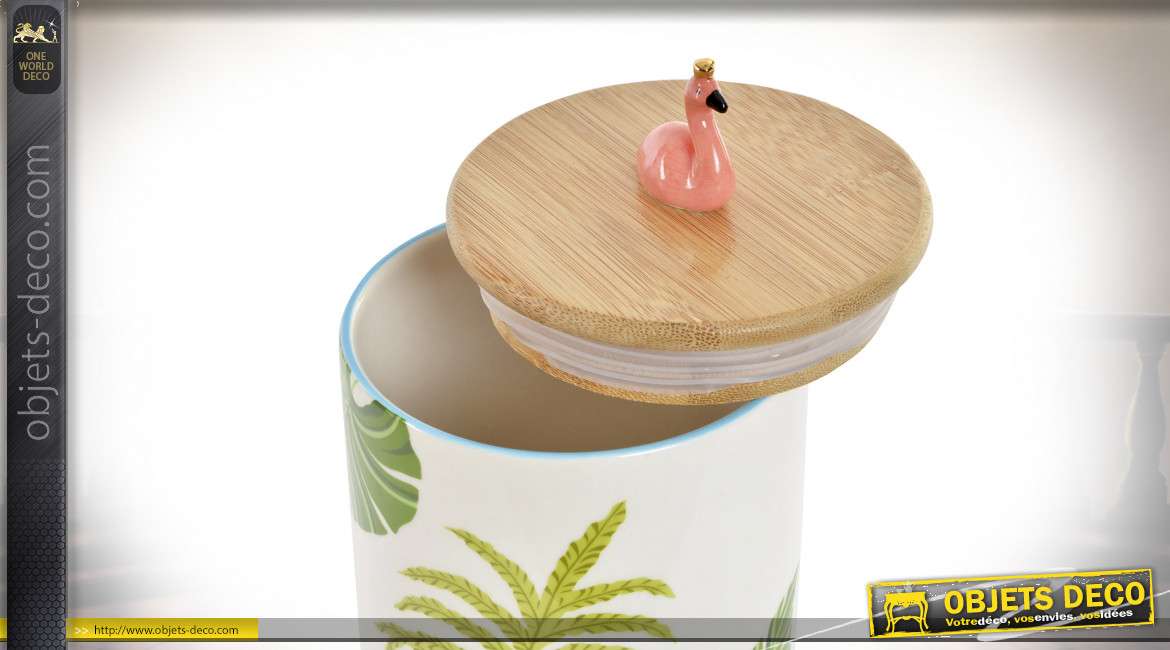 Pot décoratif en porcelaine et bambou naturel, motifs de feuilles tropicales et petit flamand rose sur le couvercle, 16cm