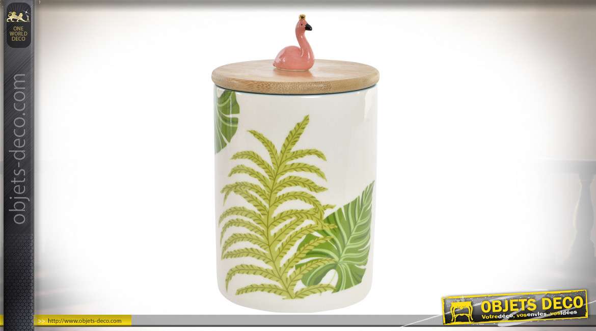 Pot décoratif en porcelaine et bambou naturel, motifs de feuilles tropicales et petit flamand rose sur le couvercle, 16cm