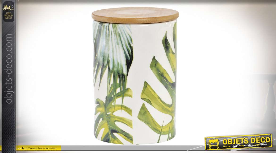 Pot décoratif en céramique avec couvercle en bambou naturel, motifs de feuilles tropicales, 14cm