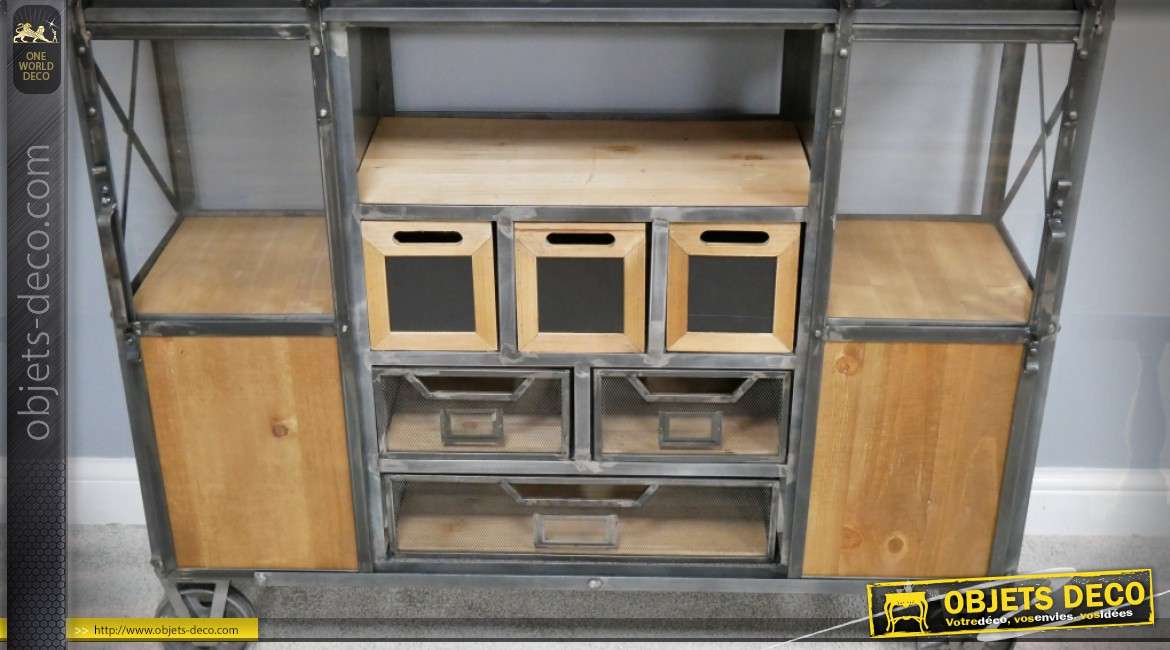 Meuble console bar style wagonnet industriel en bois et métal