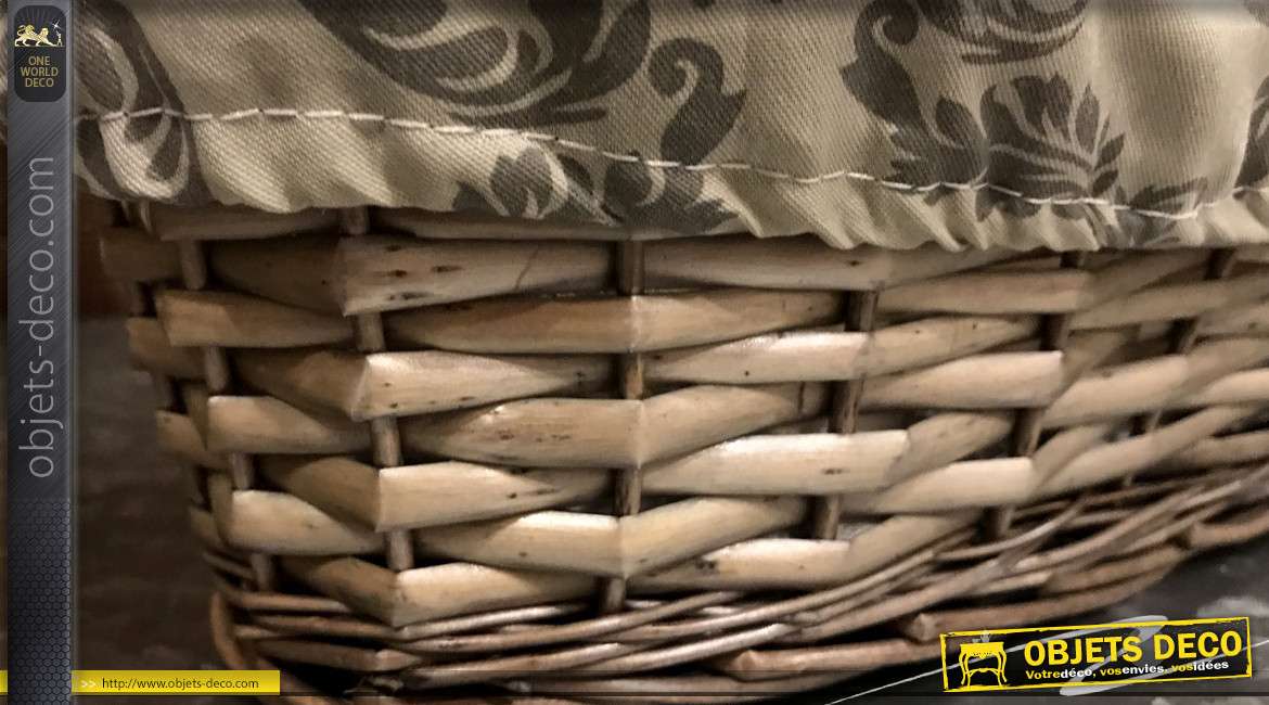 Banneton en osier fendu finition gris, doublure en coton épais avec motifs d'arabesques, 44cm