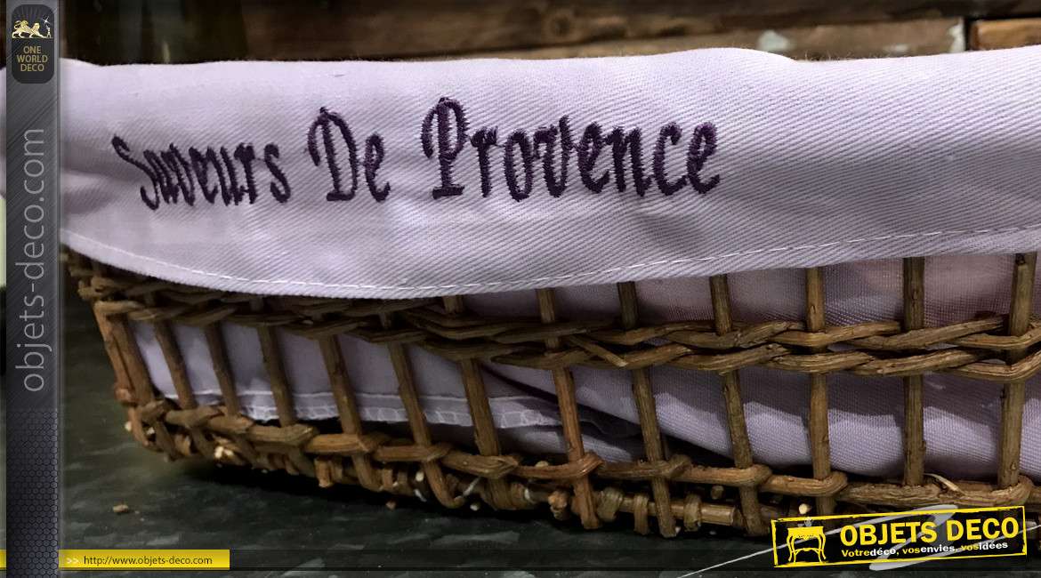 Banneton en osier brut avec doublure en coton épais finition lavande, broderie frontale Saveurs de Provence, 38cm