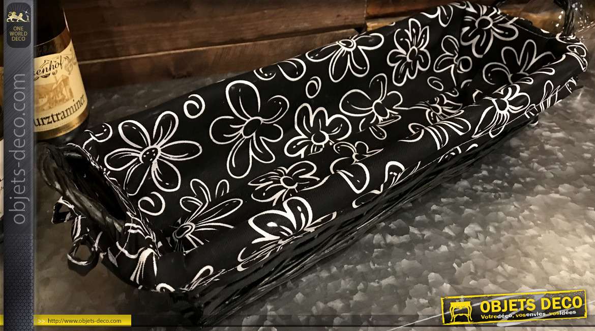 Banneton en osier teinté noir charbon, doublure en coton épais avec motifs de fleurs tropicales blanches, 44cm