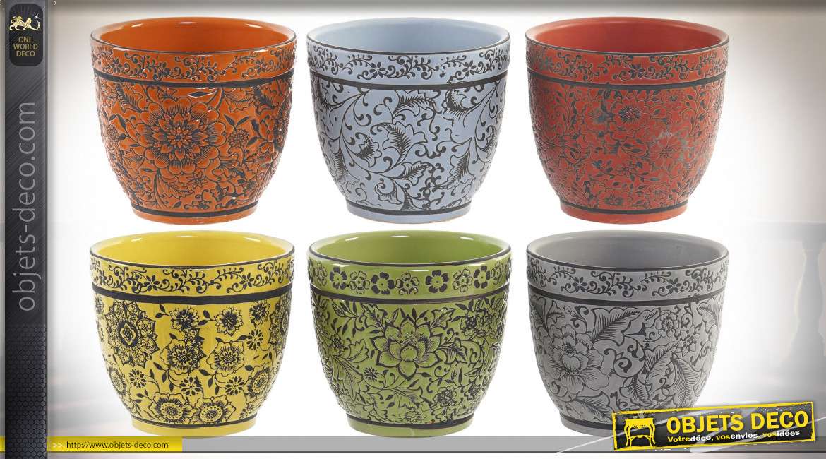 Série de 6 pots de fleurs en faïence colorée, motifs floraux et rosaces, esprit estival très coloré, Ø15cm