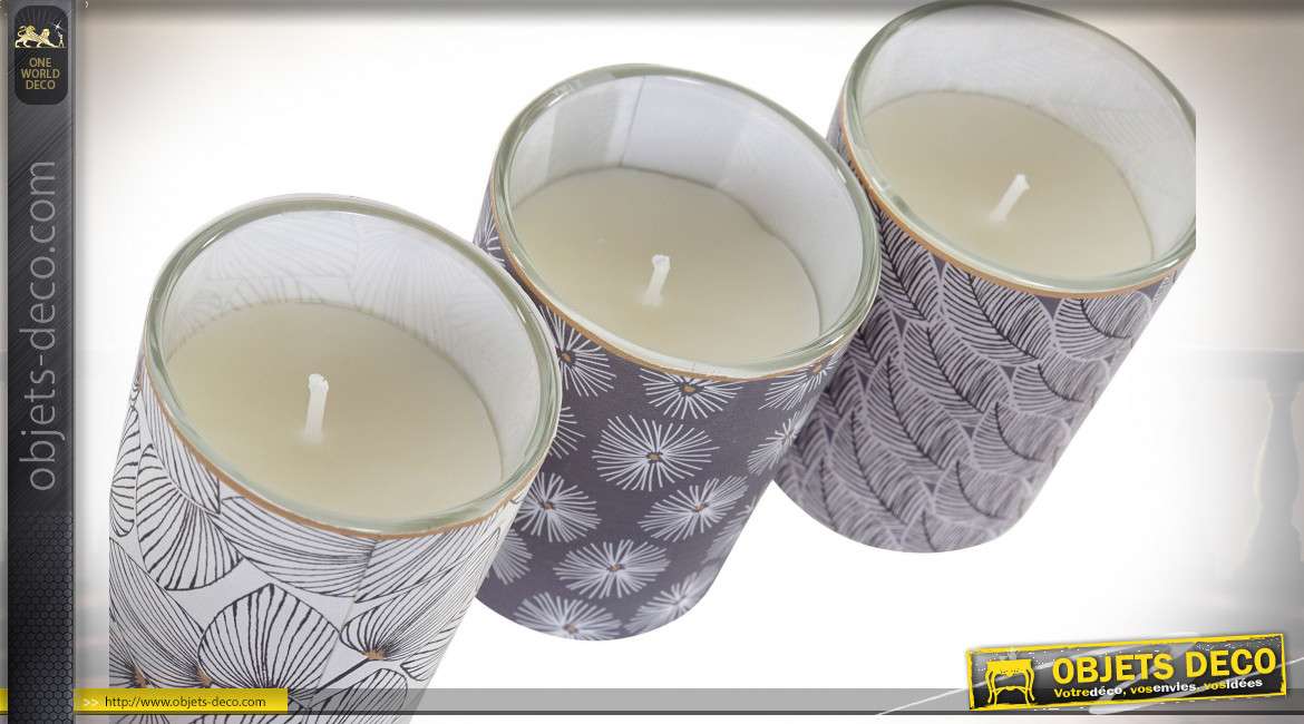 Série de 3 bougies décoratives parfumées, ambiance exotique avec verres décoratifs, Ø5cm