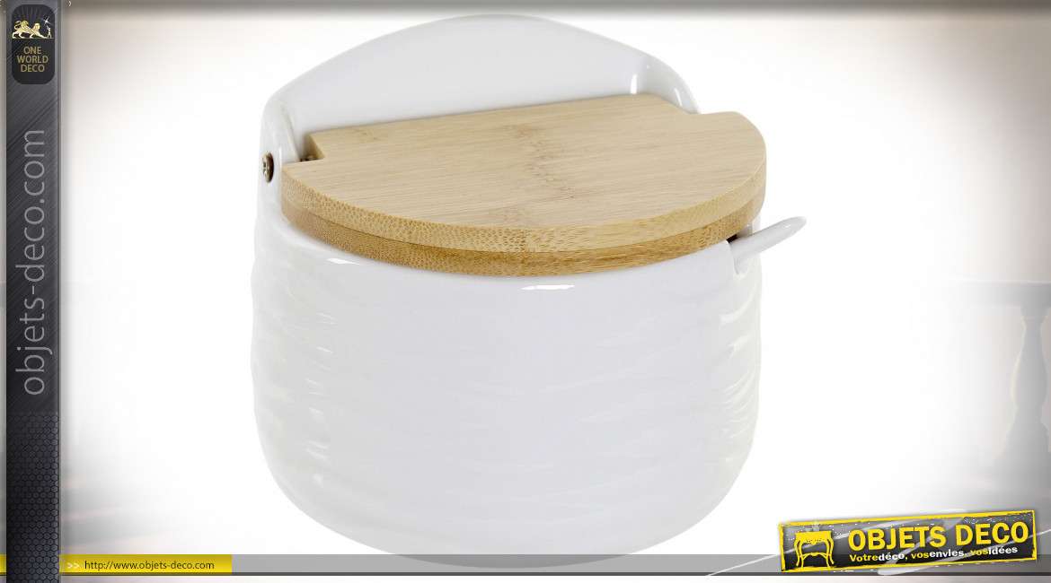 Sucrier en porcelaine blanche avec couvercle en bois de bambou finition naturelle, accessoire de cuisine 10cm