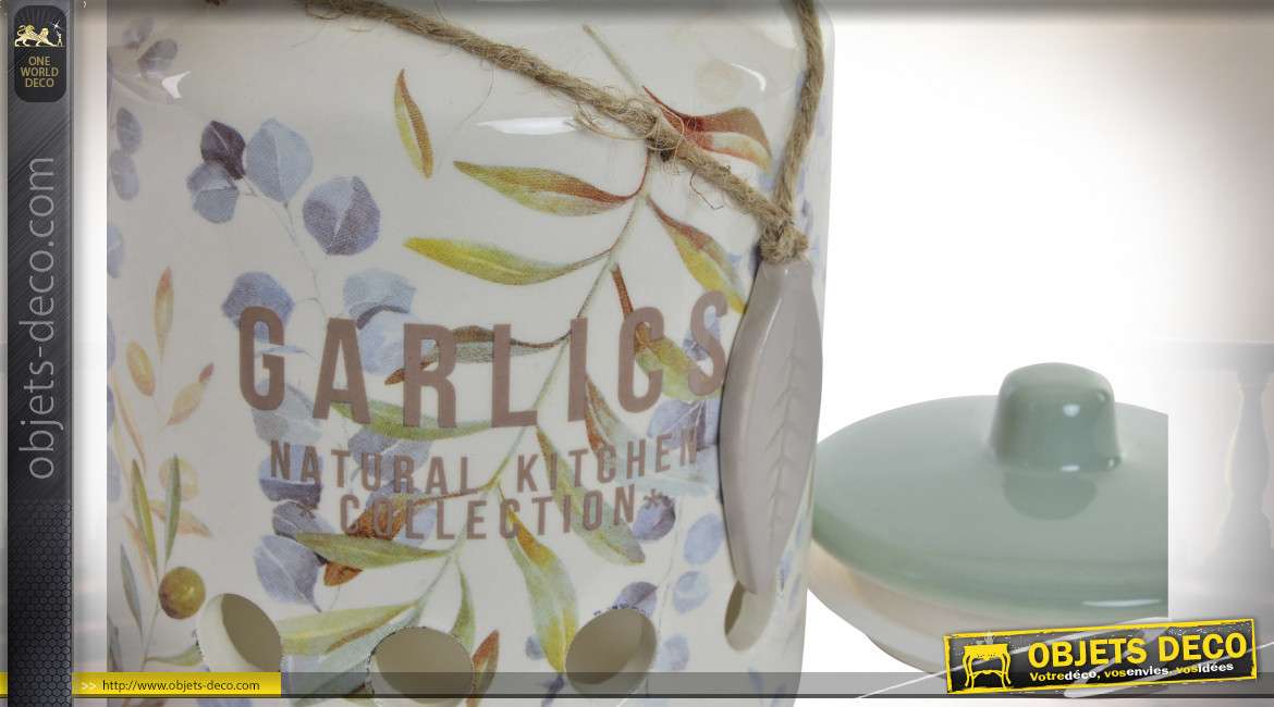 Pot à ail en grès aux couleurs vintage, avec couvercle et petite corde, motifs de feuilles, accessoire de cuisine, 17cm
