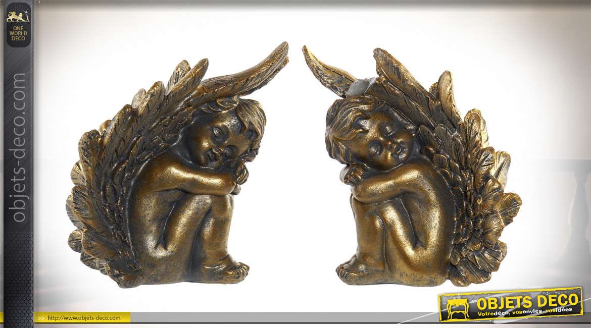 Série de deux petits anges en résine finition dorée et vieillie, style baroque vieille Italie, 12cm