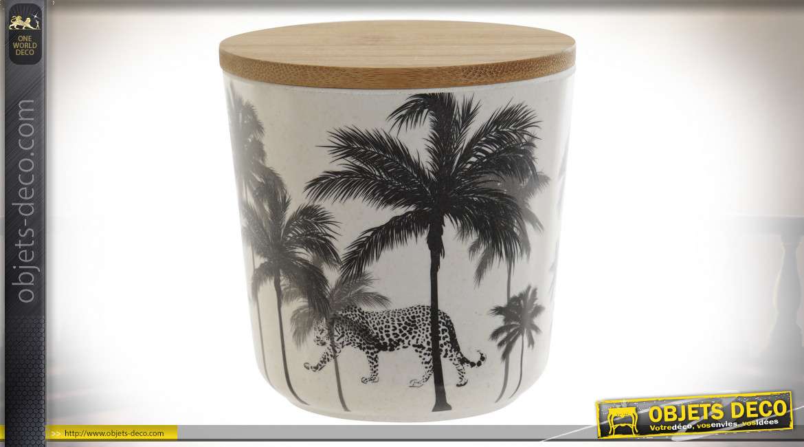 Pot en bambou recyclé avec couvercle pour cuisine ou salle de bain, motifs de feuilles tropicales noires, Ø10cm