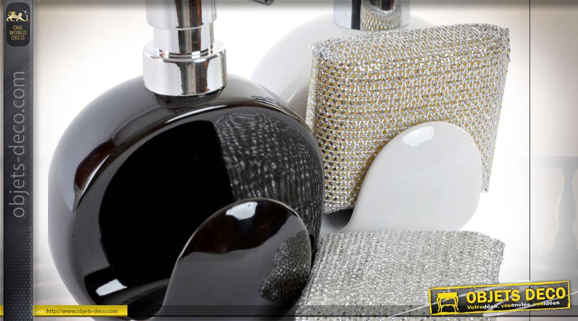 Série de deux doseurs de salle de bain ou cuisine avec éponge métallique intégrée, noir et blanc, 15cm