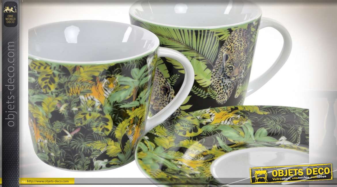 Série de deux tasses et assiettes en porcelaine imprimées de motifs tropicaux ambiance jungle, 220ml