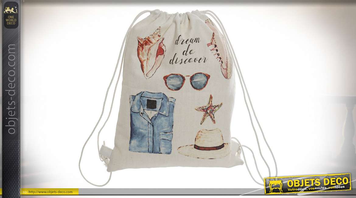 Série de deux sacs à dos ficelles pour petits accessoires, motifs d'objets imprimés en finition vintage, 36cm