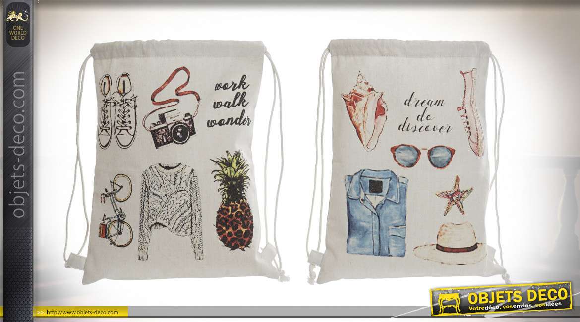 Série de deux sacs à dos ficelles pour petits accessoires, motifs d'objets imprimés en finition vintage, 36cm