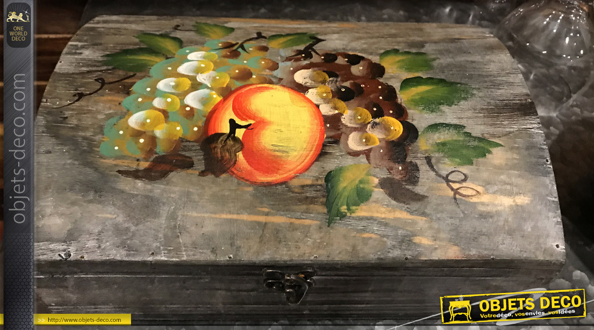 Coffret en bois finition usé, peinture à la main de fruits et grappes de raisin, 30cm